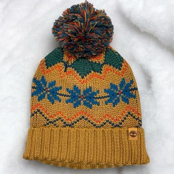 TIMBERLAND Women's Fair Isle Pom Beanie OS in Wheat Combo - Picture 2 of 6